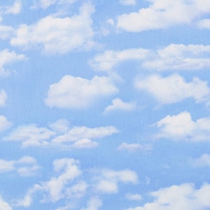 以下が含まれることがあります： 白くふわふわした雲の模様が描かれた、明るい青色の背景。雲は大きさや形が異なり、柔らかく風通しの良い質感を醸し出しています。全体的な効果は、晴れた青空を連想させます。