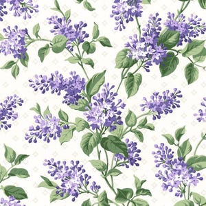 Vibrant Purple Lilacs, Greenery, on Cream with Subtle Beige Diamonds, Floral Fabric, Lilac Lane, Maywood Studio, 10950M-E, By the Yard