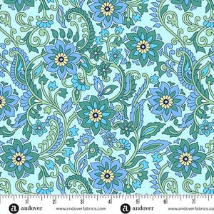May include: A blue and green floral fabric with a paisley pattern. The fabric features a repeating pattern of flowers and leaves on a light blue background.