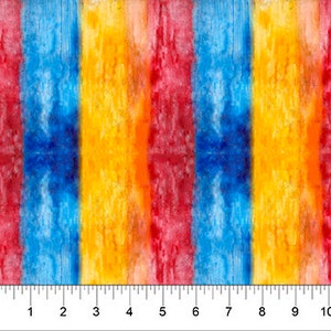 May include: Abstract watercolor pattern with vertical stripes in shades of red, orange, yellow, and blue.