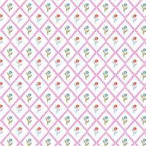 May include: A repeating pattern of small red and blue flowers on a white background. The flowers are arranged in a diamond grid, with pink dotted lines outlining each diamond. The overall design is delicate and floral.