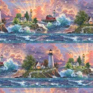 May include: A repeating pattern featuring coastal scenes with lighthouses, crashing waves, and seagulls against a sunset sky. The lighthouses are white with black tops, and the sky is a mix of pink, orange, and purple.