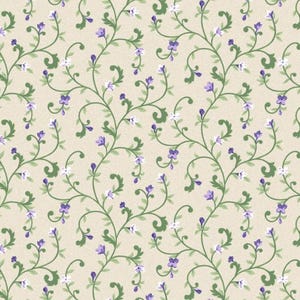 Delicate Green Vine Pattern, Tiny Purple Flowers, Cream Background, Floral Fabric, Lilac Lane, Maywood Studio, 10954M-E, By the Yard