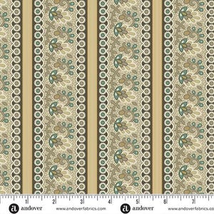 Floral Stripe, Lace-like Trim Print, Teal, Brown, Tan, Fabric, Farmhouse, Andover Fabrics, A-1356-NT, By the Yard