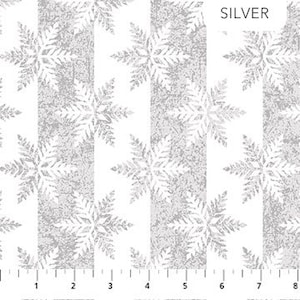 May include: White fabric with a silver snowflake pattern and vertical stripes. The fabric has a subtle glitter finish.