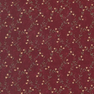May include: A repeating pattern of delicate floral vines on a deep red background. The vines feature small, bell-shaped flowers in a soft yellow hue, with green leaves and stems. The overall design has a vintage, textured appearance.