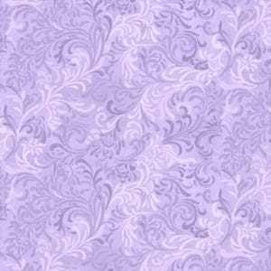 May include: A seamless pattern featuring a repeating floral design in shades of lavender, light purple, and white. The pattern has a classic, ornate style with swirling vines and floral elements, creating a textured, elegant look.