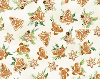 Gingerbread Man, kerstboom, koekjes, goud metallic accent, vakantiestof, kerstmis, vakantiesnoepjes, Hoffman, TU4992H-33G, op maat gesneden