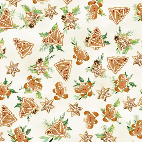 Gingerbread Man, Christmas Tree, Cookies, Gold Metallic Accent, Holiday Fabric, Christmas, Holiday Sweets, Hoffman, TU4992H-33G, By the Yard