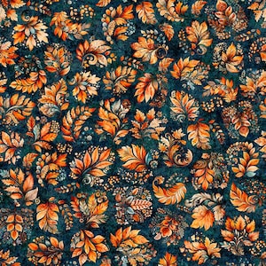 Harvest Hollow, Lovely, Detailed, Various Types of Fall Leaves Allover, Dark Teal Background, Fabric, QT Fabrics, 31990-Q, By the Yard