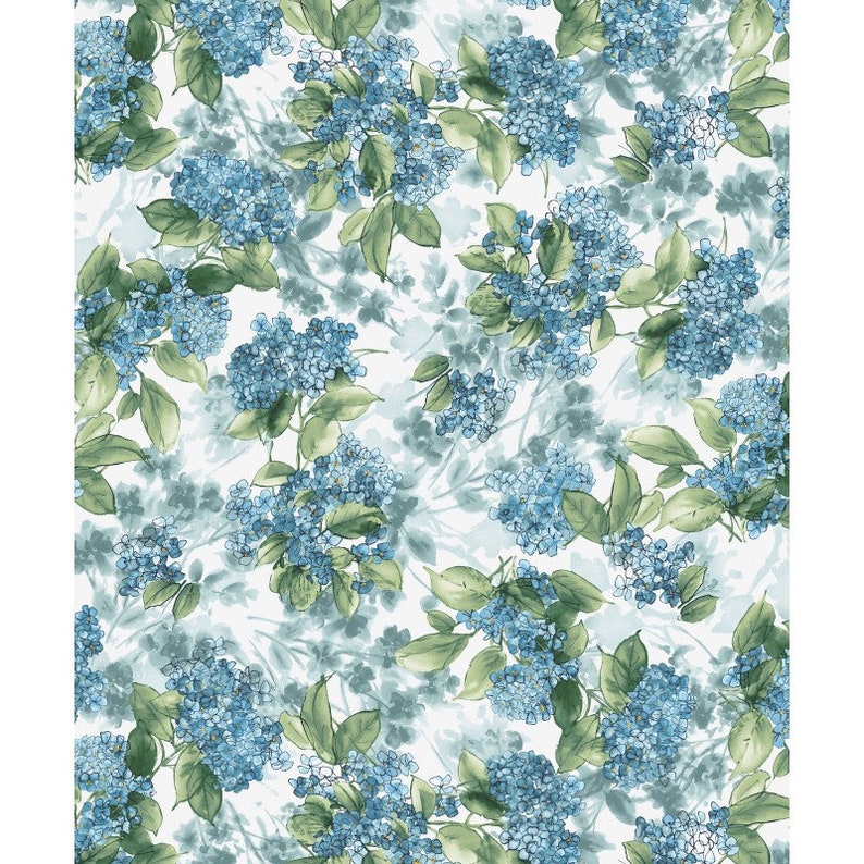 Maywood Watercolor Hydrangeas MAS9339 B Blue Hydrangea Posy Cotton Fab