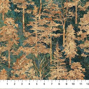 May include: Fabric with a forest scene featuring tall, slender trees in shades of tan and brown against a dark teal background. The trees have detailed textures, and the scene is densely packed with foliage.