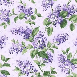 Vibrant Purple Lilacs, Greenery, on Soft Lavender, Light Purple Diamonds, Floral Fabric, Lilac Lane, Maywood Studio, 10950M-V, By the Yard