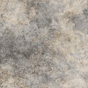 Pode incluir: Uma vista de perto de uma superfície texturizada com uma aparência manchada. A paleta de cores consiste em várias tonalidades de cinza, bege e toques de tons mais escuros, criando uma estética desgastada, semelhante à pedra. A superfície tem uma textura irregular e áspera.