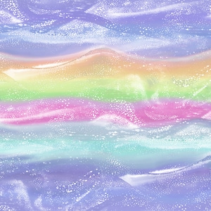 May include: Abstract digital art with a rainbow color scheme. The background is a light purple with white dots. The rainbow colors are layered in stripes with a wavy pattern. The colors are light orange, light green, pink, and light blue.