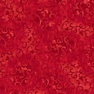 Pode incluir: Um padrão de tecido sem costura em tons de vermelho, apresentando um fundo texturizado com um design ornamental e rodopiante de vinhas e folhas. O padrão tem uma aparência vintage, ligeiramente desgastada.