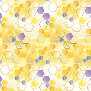 May include: Watercolor pattern featuring a repeating design of yellow, orange, and purple hexagons. The geometric shapes are layered with textured brushstrokes and a soft, blurred background, creating a visually appealing abstract design.