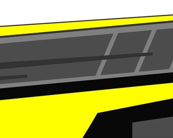 May include: A yellow and black graphic design with a black and gray stripe pattern. The design has a sharp, angular shape.