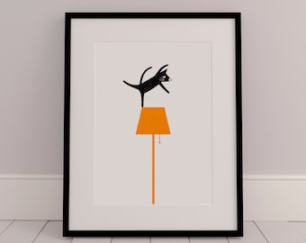 Cat on Orange Lamp Print, Art Print, Midcentury Modern, Wall Art, Nursery Decor, Lucy Begent