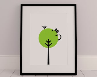 Cat in a Tree Print, Art Print, Midcentury Modern, Wall Art, Nursery Decor, Lucy Begent