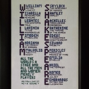 May include: Framed cross-stitch art featuring a list of William Shakespeare's plays and characters. The text is in a pixelated font, with titles like "Hamlet" and "Romeo and Juliet" in purple against a white background.