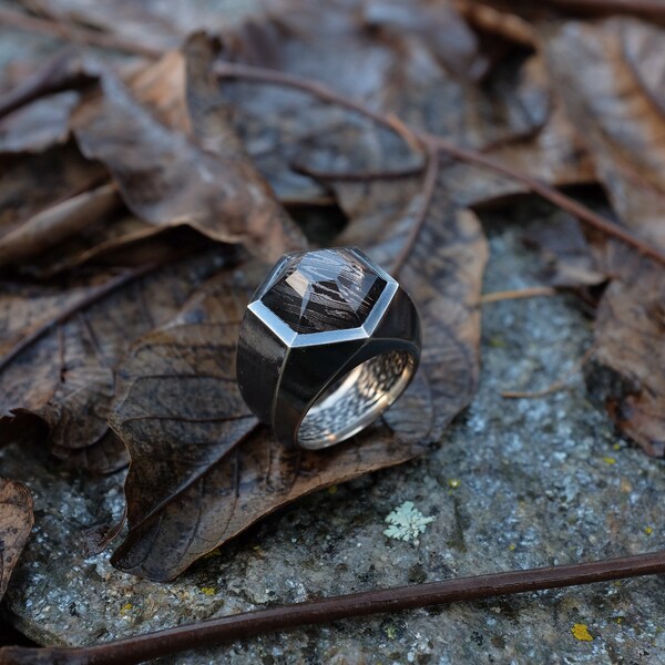 The Damas Shibuichi - Hand-Faceted Smoky Quartz Crystal & Damascus set into a Shibuichi ring - From Mont-Blanc Massif, France - Handmade