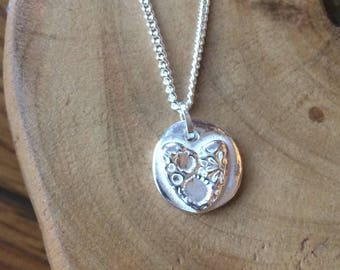 Personalised solid silver button with heart, daisy or star pattern handmade UK & 16" or 18" solid sterling silver necklace