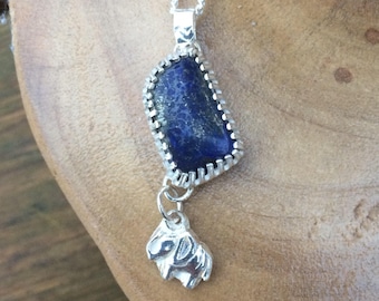 Lapis lazuli and tiny elephant charm solid silver pendant unique design with a 18" sterling silver curb chain handmade UK
