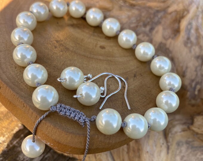 Pearl bracelet & earrings set. Acrylic Pearl bracelet on pure silk cord and sterling silver earring set hand made UK