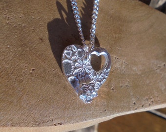 solid silver heart pendant necklace with forgetmenot flower & 18" sterling silver chain designed and handmade in UK