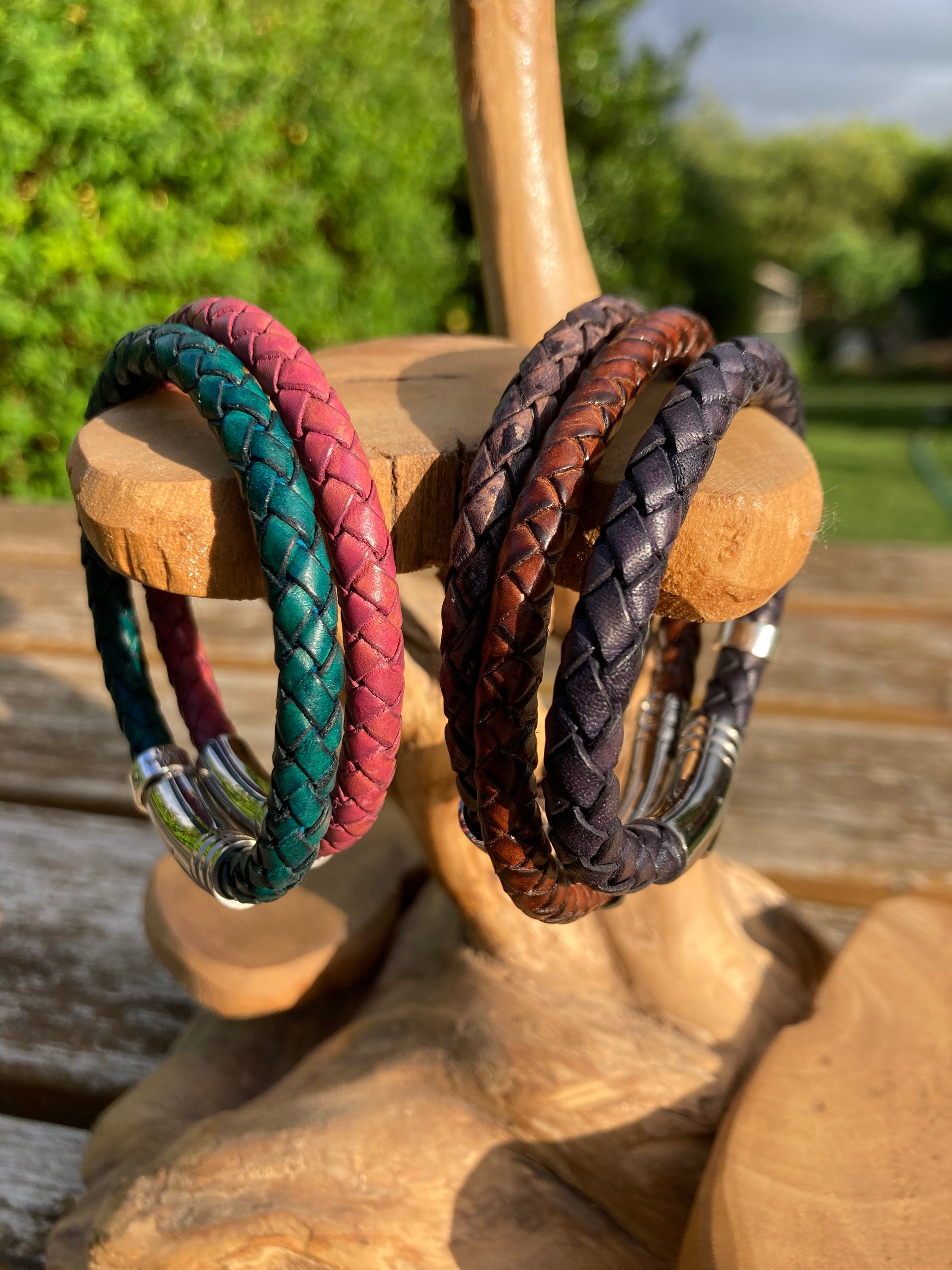 Men’s leather braided antique brown cuff bracelet with personalised