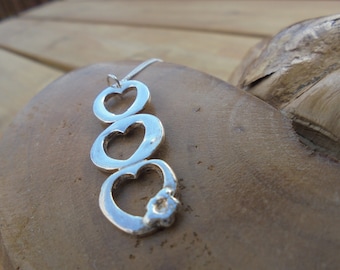 solid fine silver triple heart pendant with flower and 18" sterling silver chain designed & handmade in UK