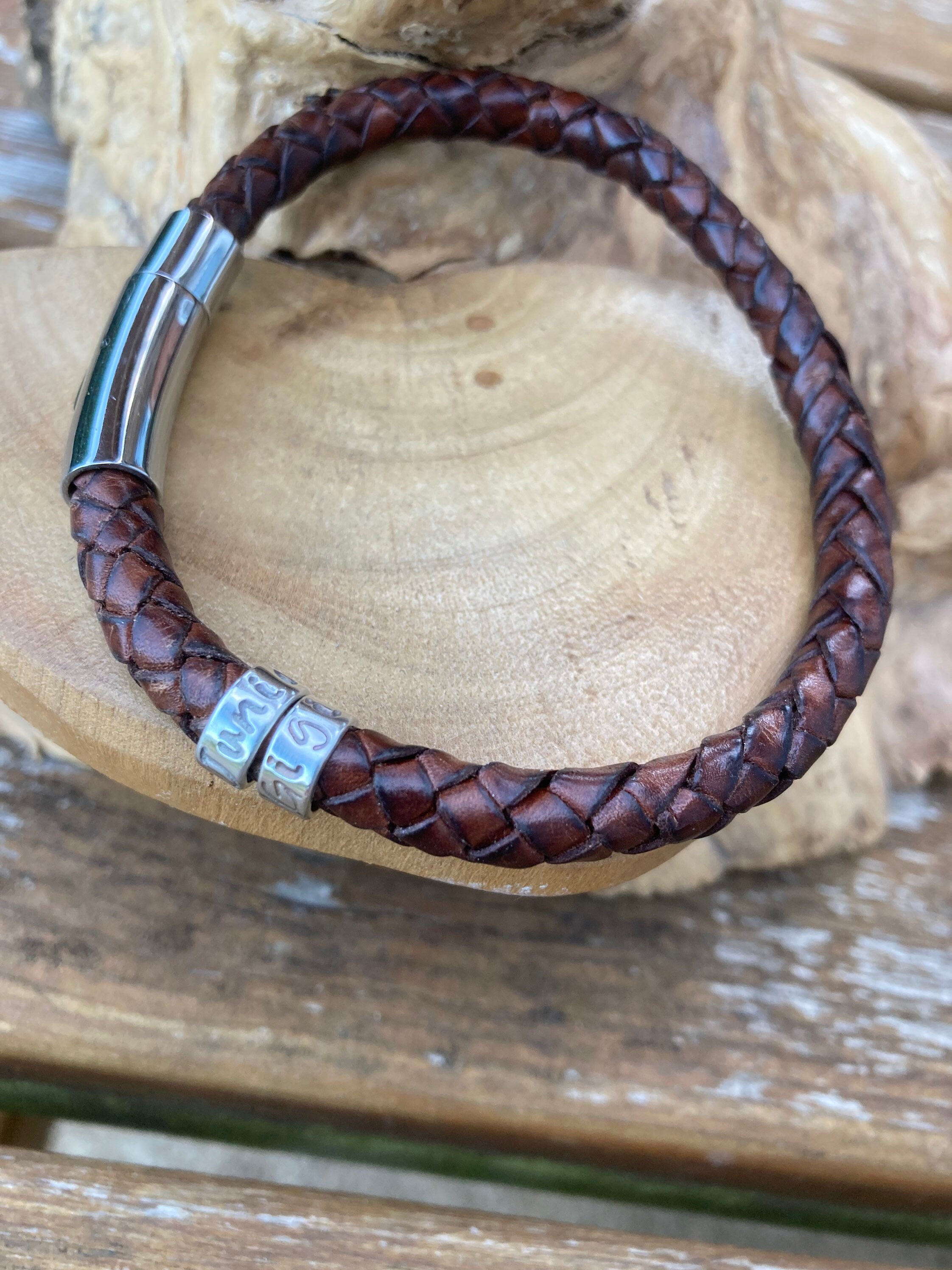 Mens leather braided antique brown cuff bracelet with personalised
