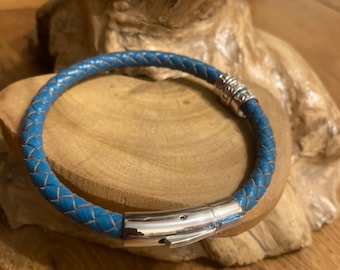 leather braided dusky blue cuff bracelet with personalised custom message on sterling silver ring beads. Handmade UK