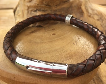 Men’s leather braided antique brown cuff bracelet with personalised custom message on sterling silver ring beads. Handmade UK