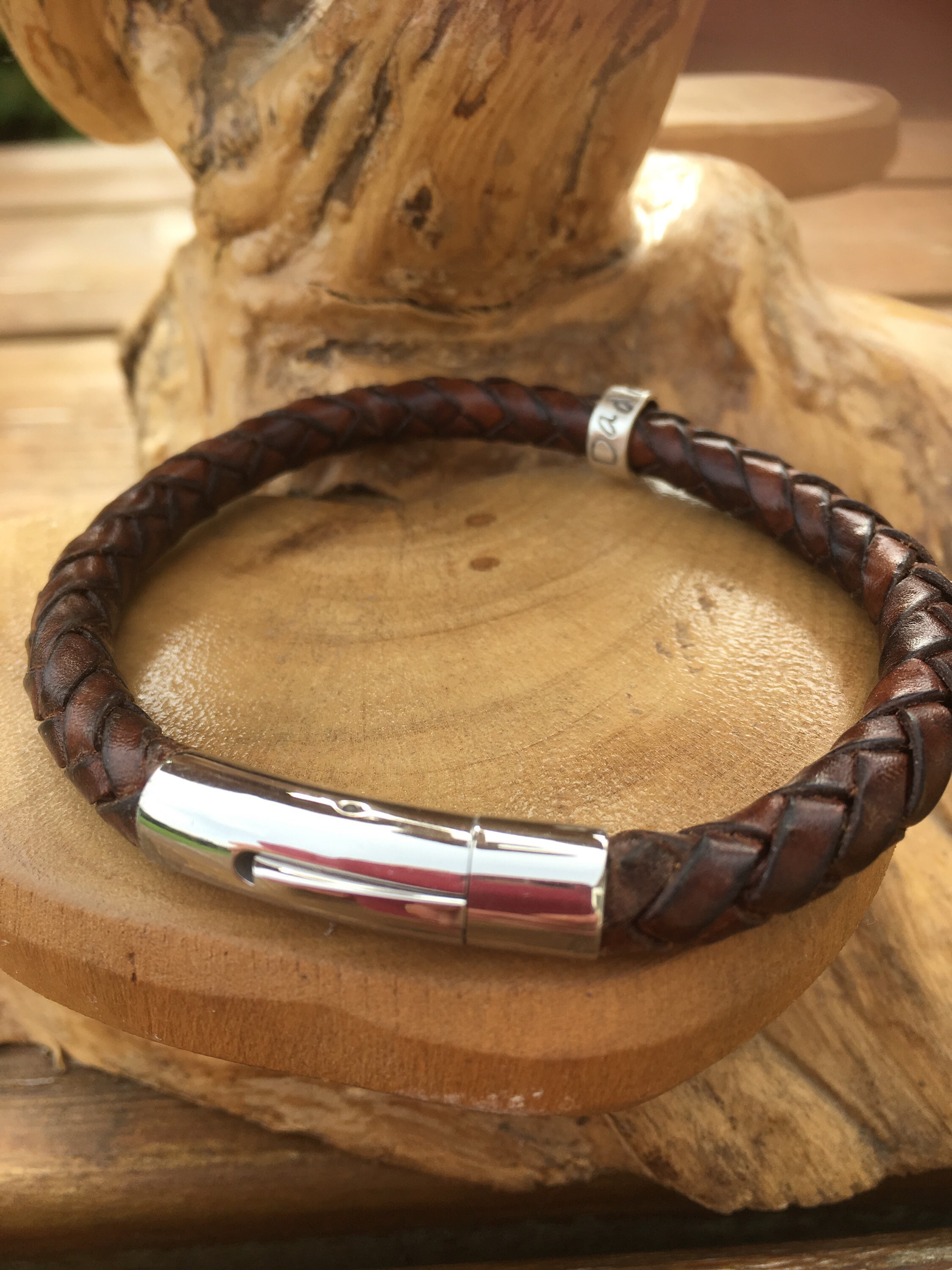 Mens leather bracelet with personalised beads deals