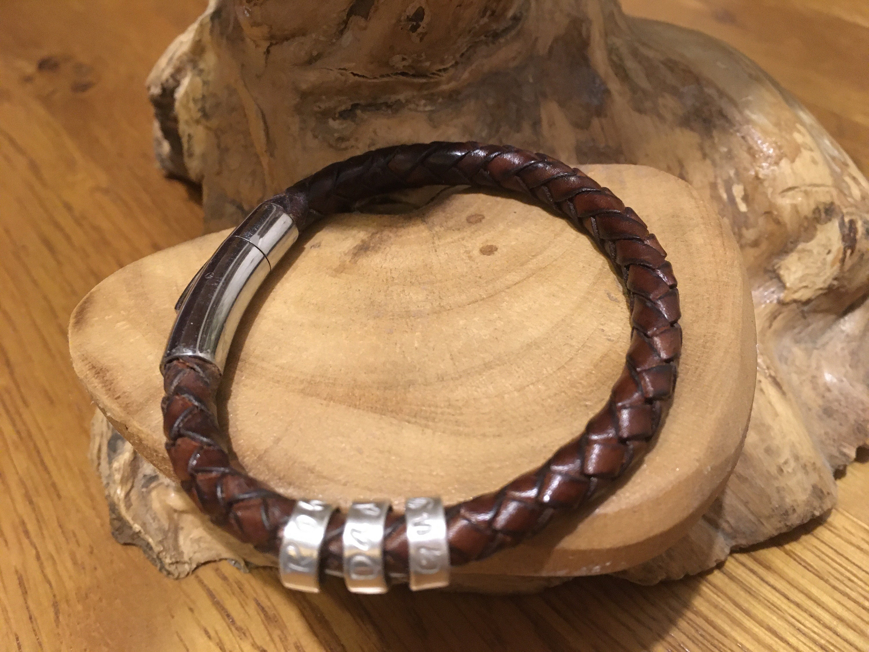 Mens leather braided antique brown cuff bracelet with personalised
