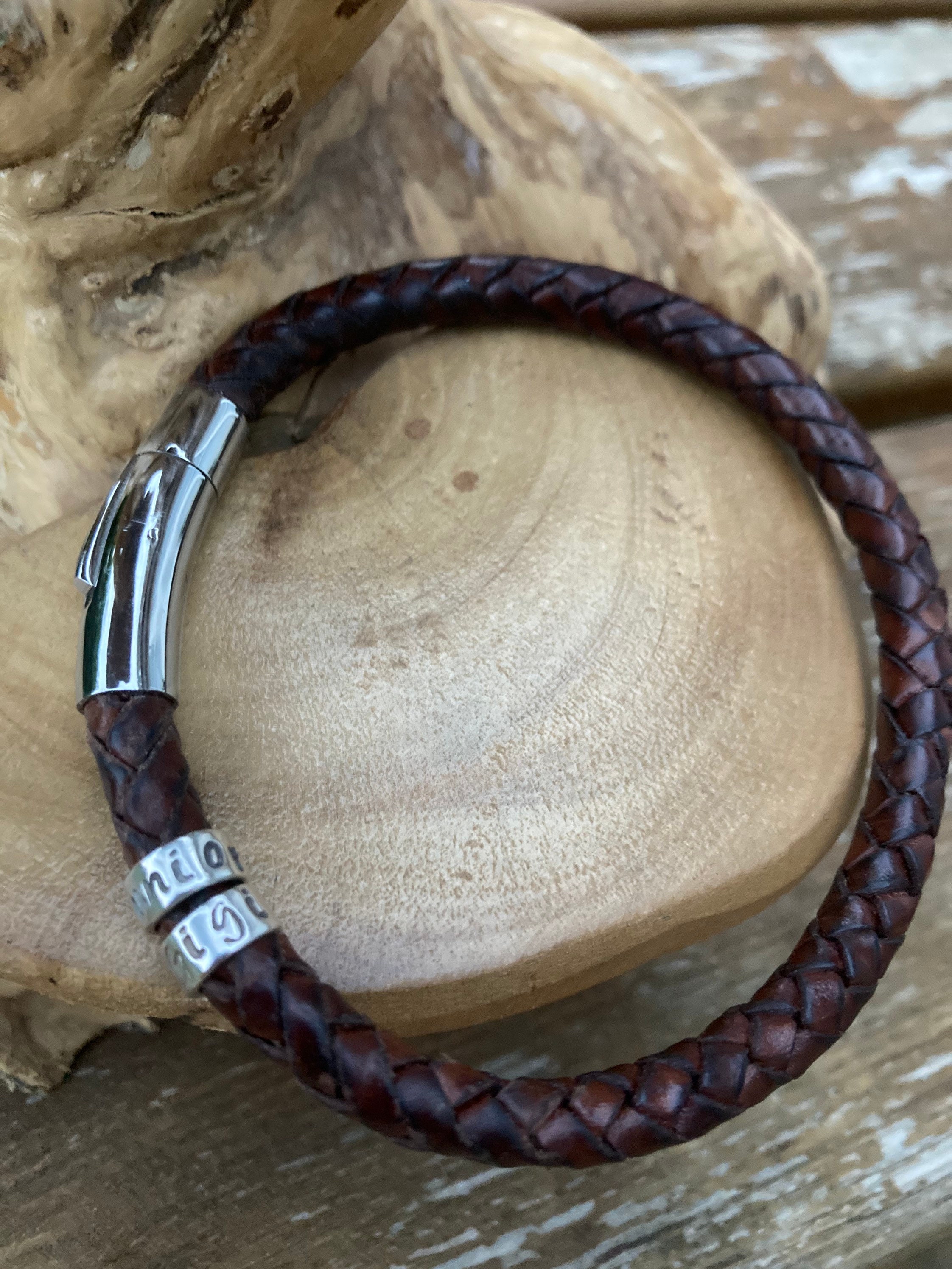 Mens leather braided antique brown cuff bracelet with personalised