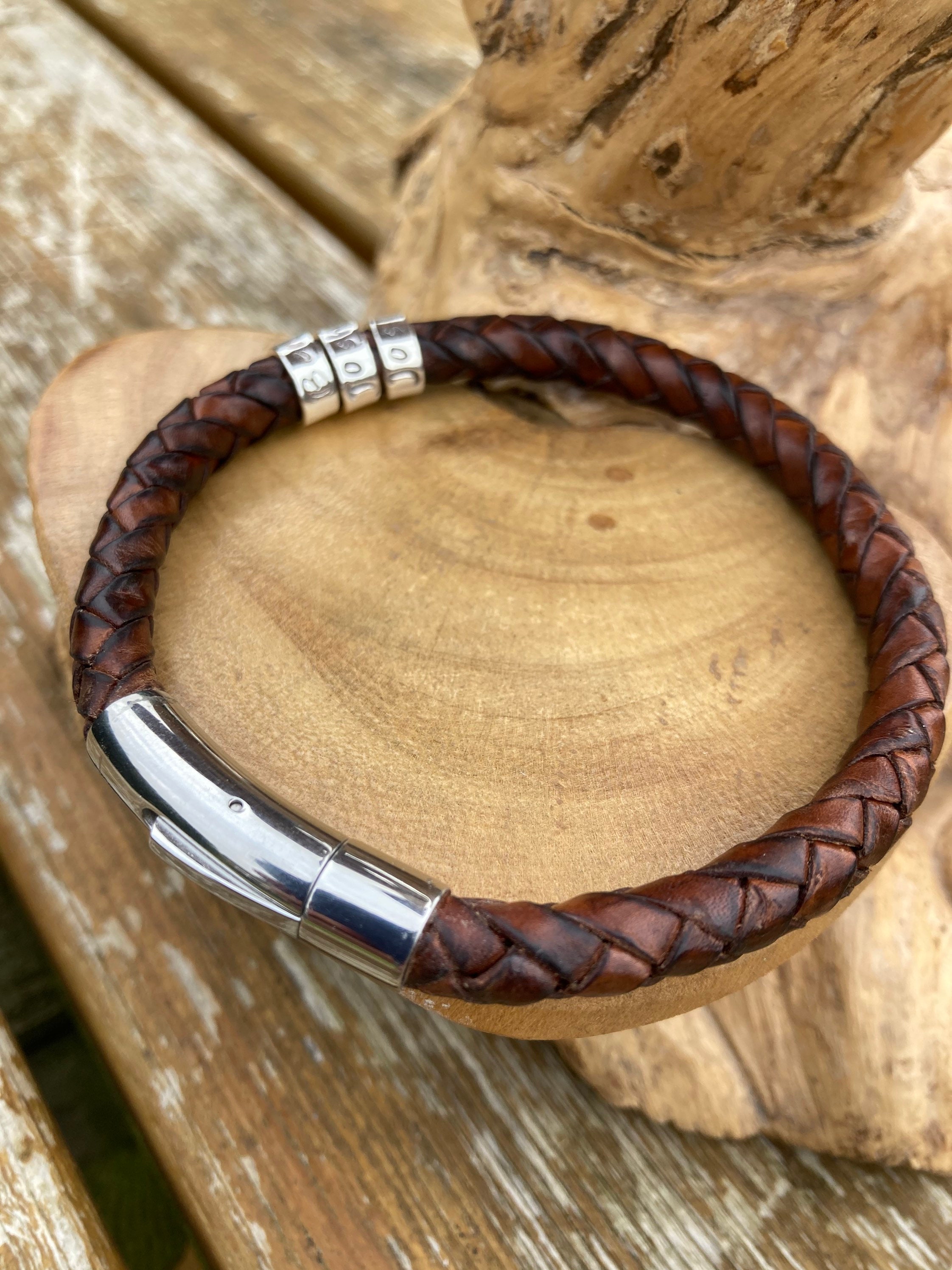 Mens leather braided antique brown cuff bracelet with personalised