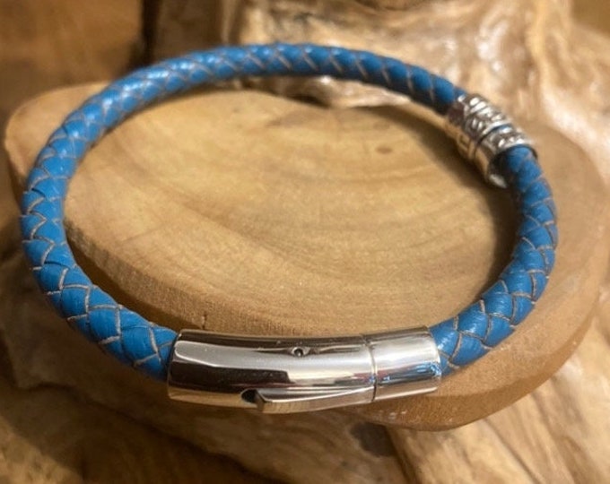 leather braided blue cuff bracelet with personalised custom message on sterling silver ring beads. Handmade UK