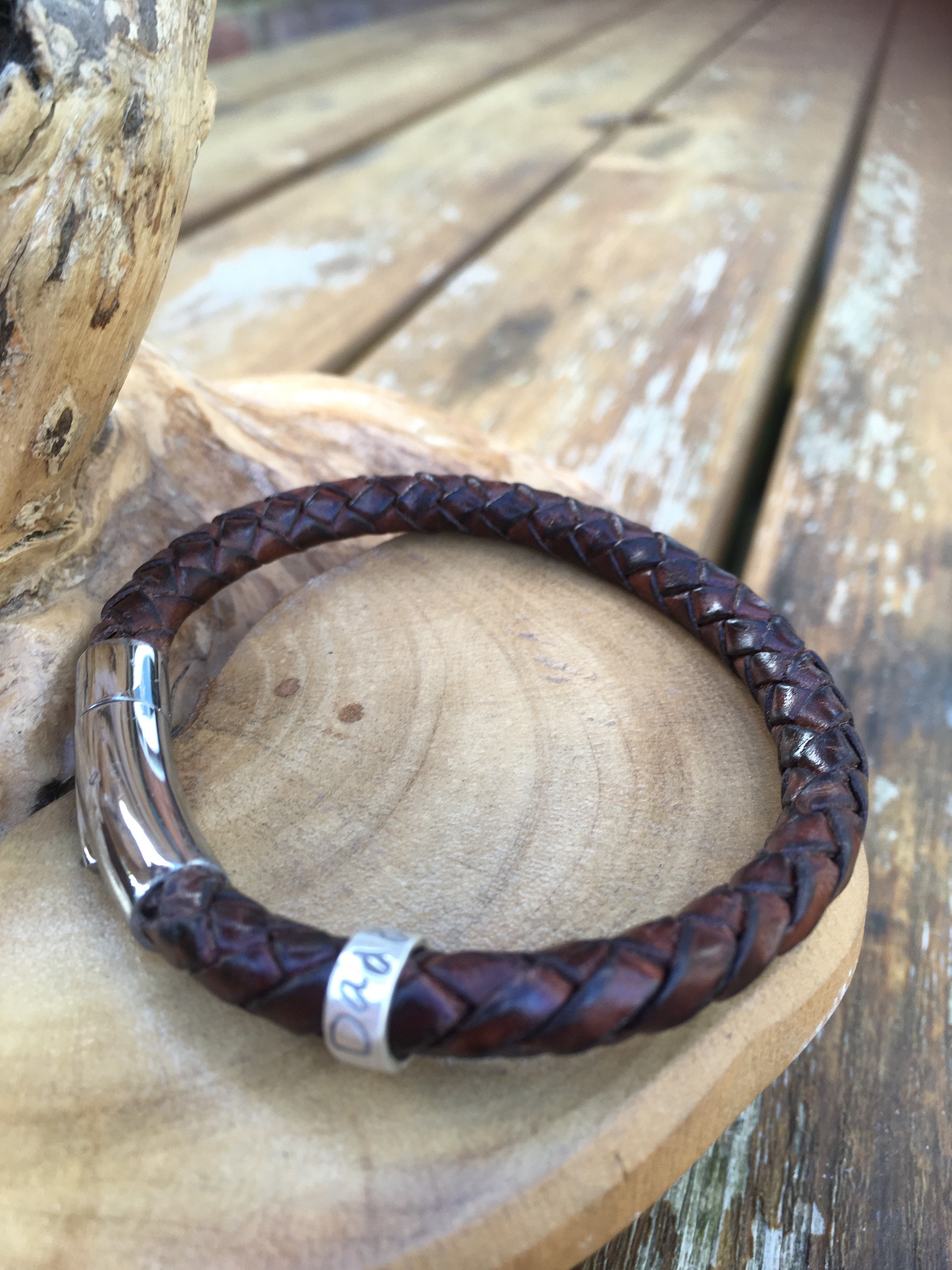 Men’s leather braided antique brown cuff bracelet with personalised ...