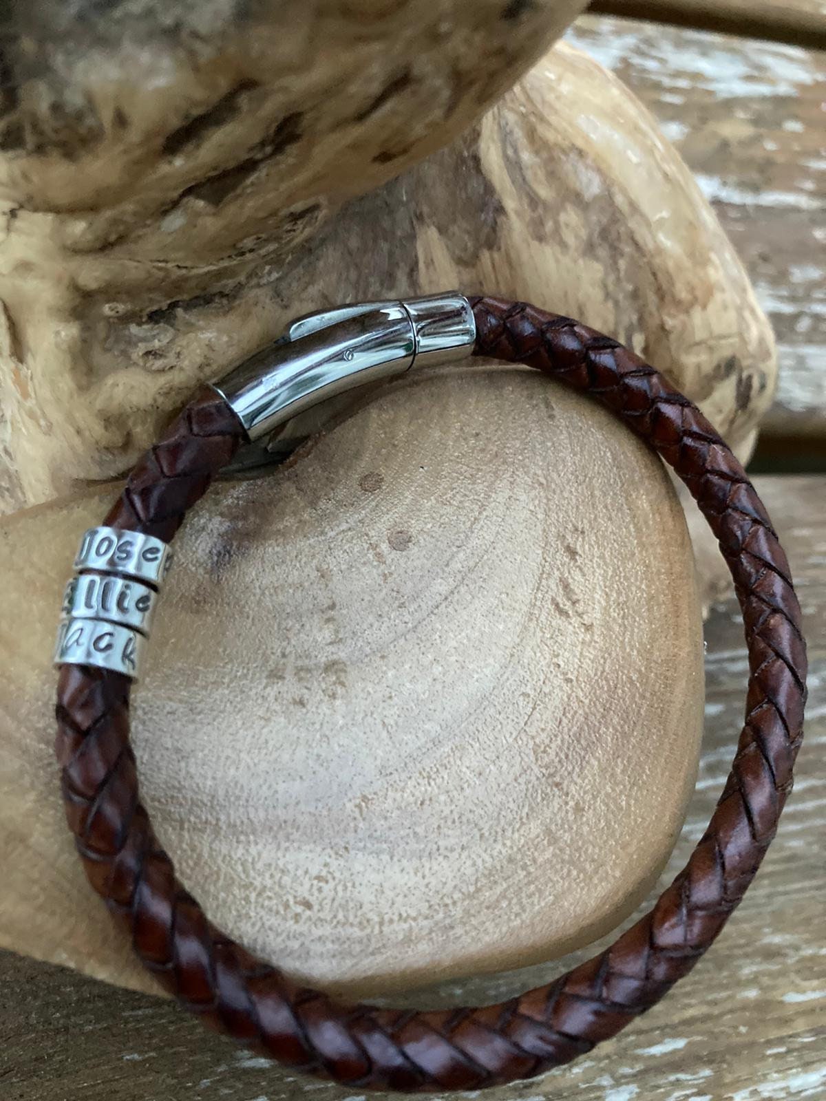 Men’s leather braided antique brown cuff bracelet with personalised