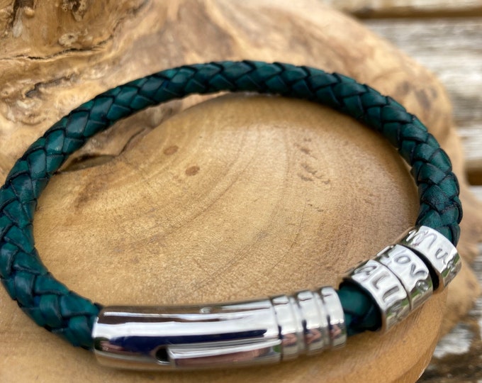 Mens or Ladies leather braided dark teal cuff bracelet with personalised custom message on sterling silver ring beads. Handmade UK