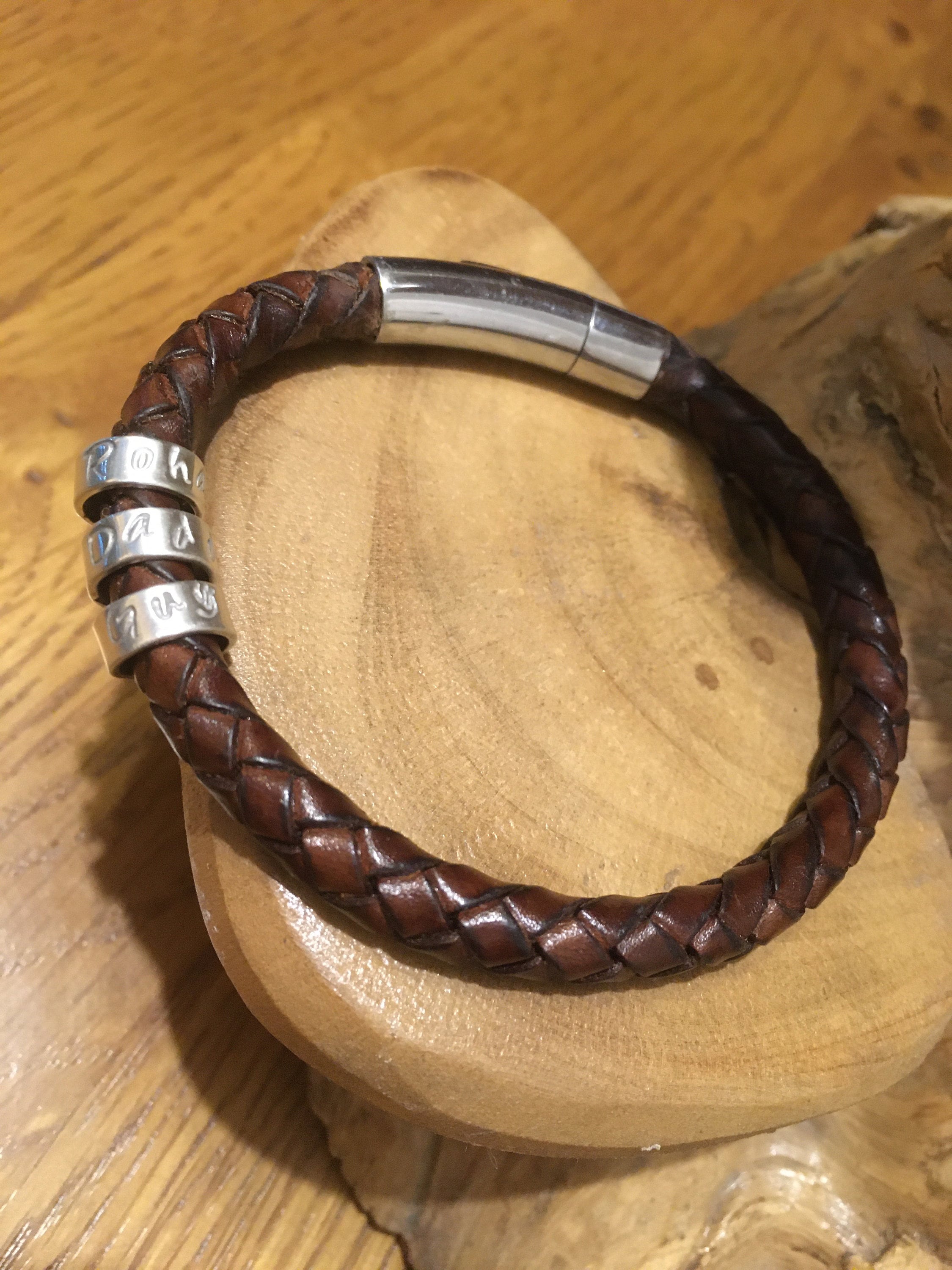 Mens leather braided antique brown cuff bracelet with personalised