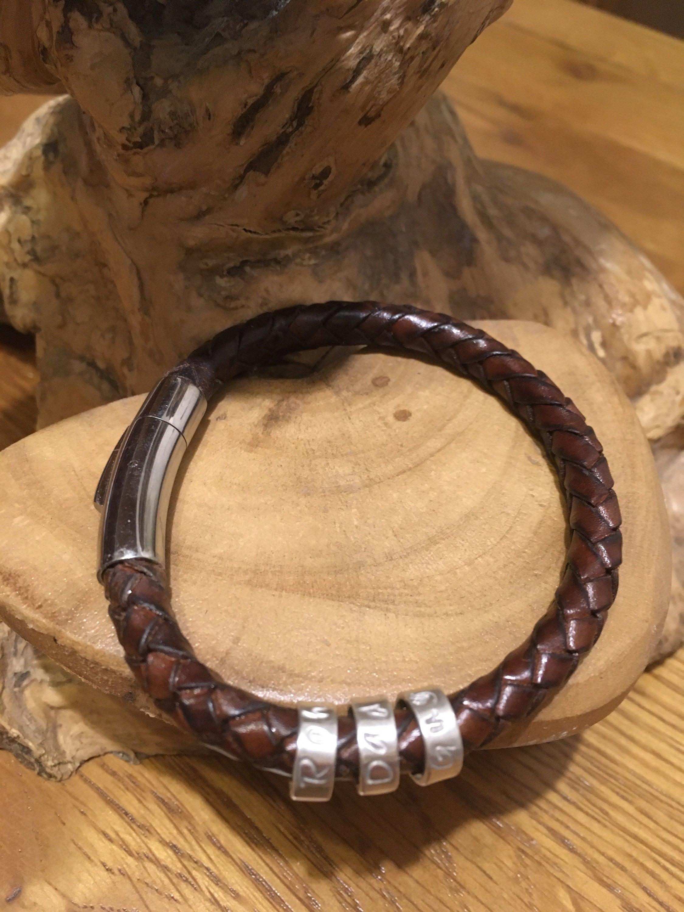 Mens leather braided antique brown cuff bracelet with personalised ...