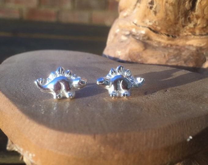 solid pure silver stegosaurus dinosaur earrings designed & handmade in UK