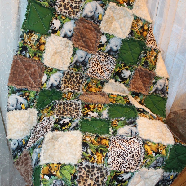 Crib size baby rag quilt, Jungle Babies, cheetah, leopard, 34" x 54"