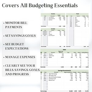 K&ouml;nnte beinhalten: Eine Budgetvorlage mit Abschnitten f&uuml;r Einnahmen, Ausgaben und Ersparnisse. Das Bild enth&auml;lt den Text "Deckt alle Budget-Essentials ab" und listet Funktionen wie "Rechnungszahlungen &uuml;berwachen" und "Sparziele festlegen".