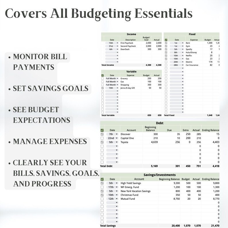 K&ouml;nnte beinhalten: Eine Budgetvorlage mit Abschnitten f&uuml;r Einnahmen, Ausgaben und Ersparnisse. Das Bild enth&auml;lt den Text "Deckt alle Budget-Essentials ab" und listet Funktionen wie "Rechnungszahlungen &uuml;berwachen" und "Sparziele festlegen".