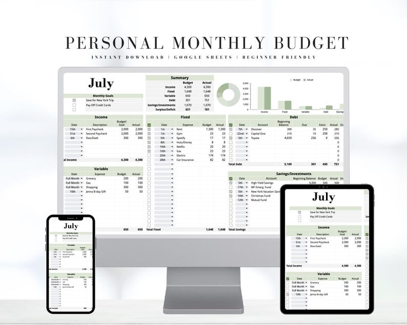 K&ouml;nnte beinhalten: Eine digitale Anzeige einer pers&ouml;nlichen monatlichen Budget-Tabelle mit dem Titel "Pers&ouml;nliches Monatsbudget". Der Bildschirm zeigt ein Budget f&uuml;r Juli mit Abschnitten f&uuml;r Einnahmen, Ausgaben und Ersparnisse. Ein Smartphone und ein Tablet zeigen dasselbe Budget.